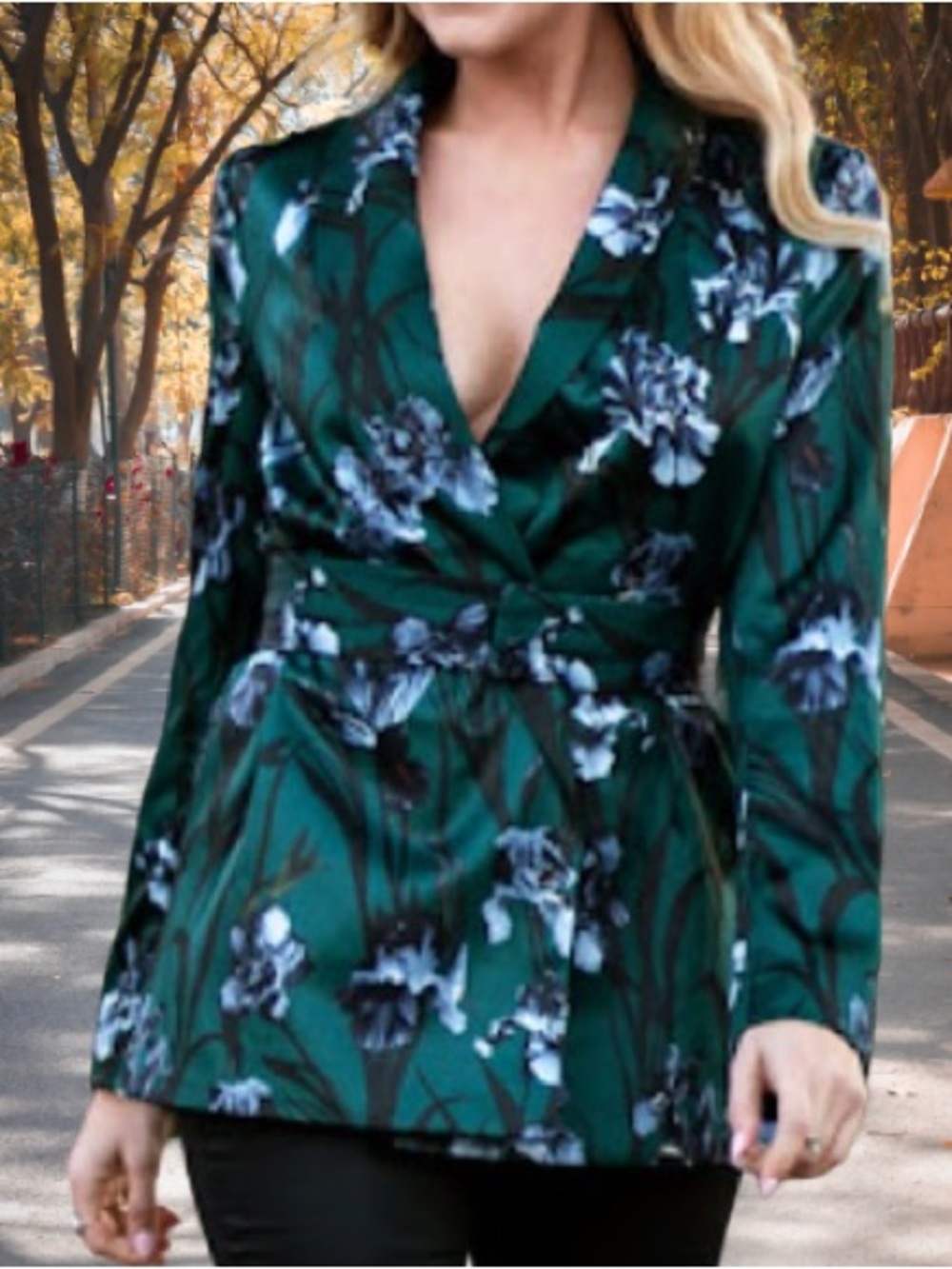 H&M Satin Effect Belted Green Floral Open Blazer jacket size XS
